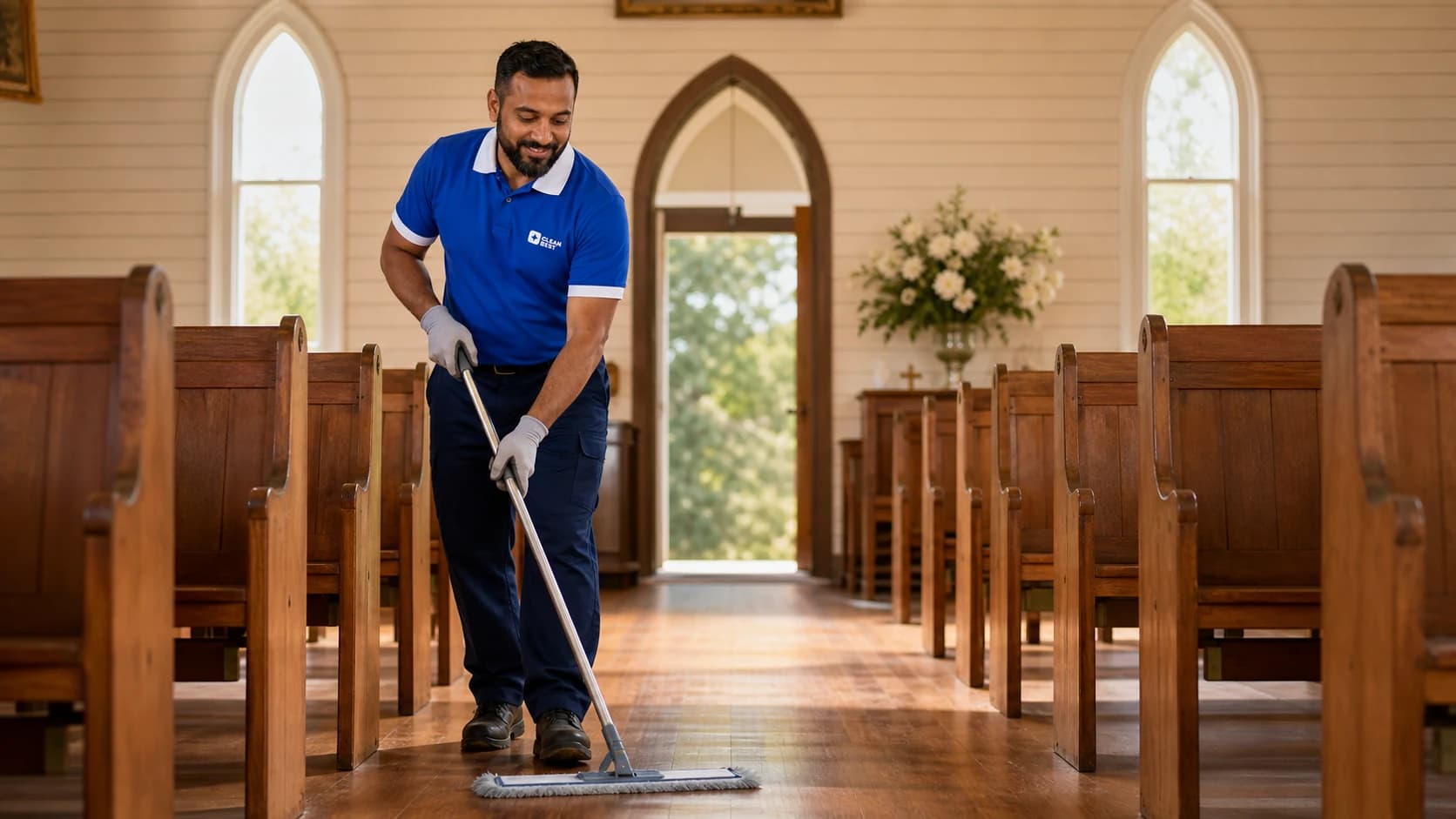 Clean Best cleaner caring for timber pews inside a church in Sydney NSW