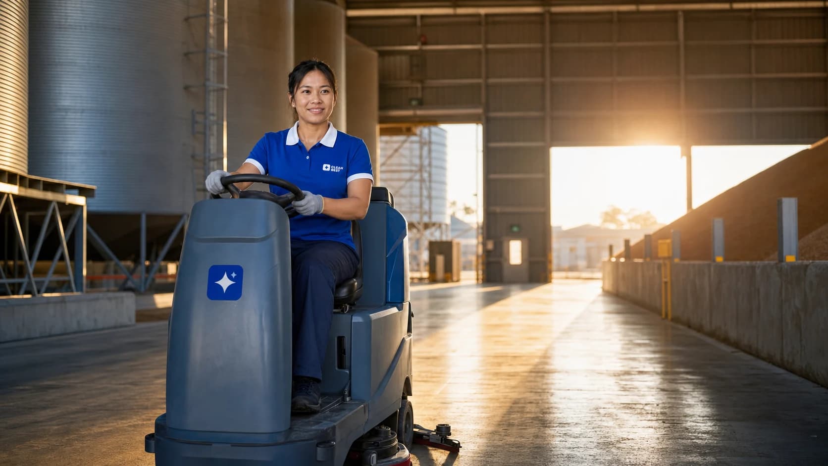 Clean Best operator scrubbing the floor of a distribution warehouse in Sydney NSW