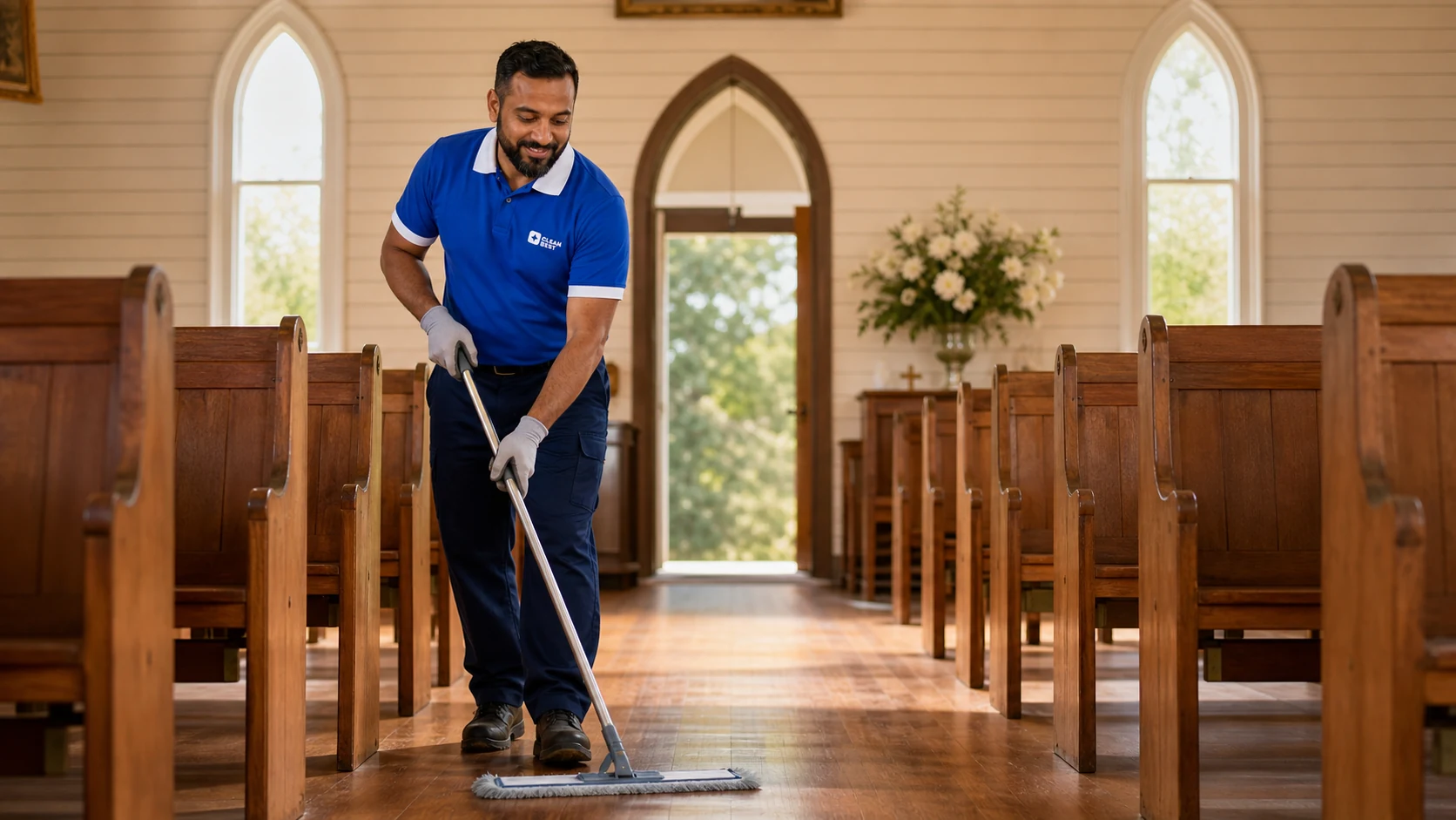Clean Best cleaner caring for timber pews inside a church in Sydney NSW